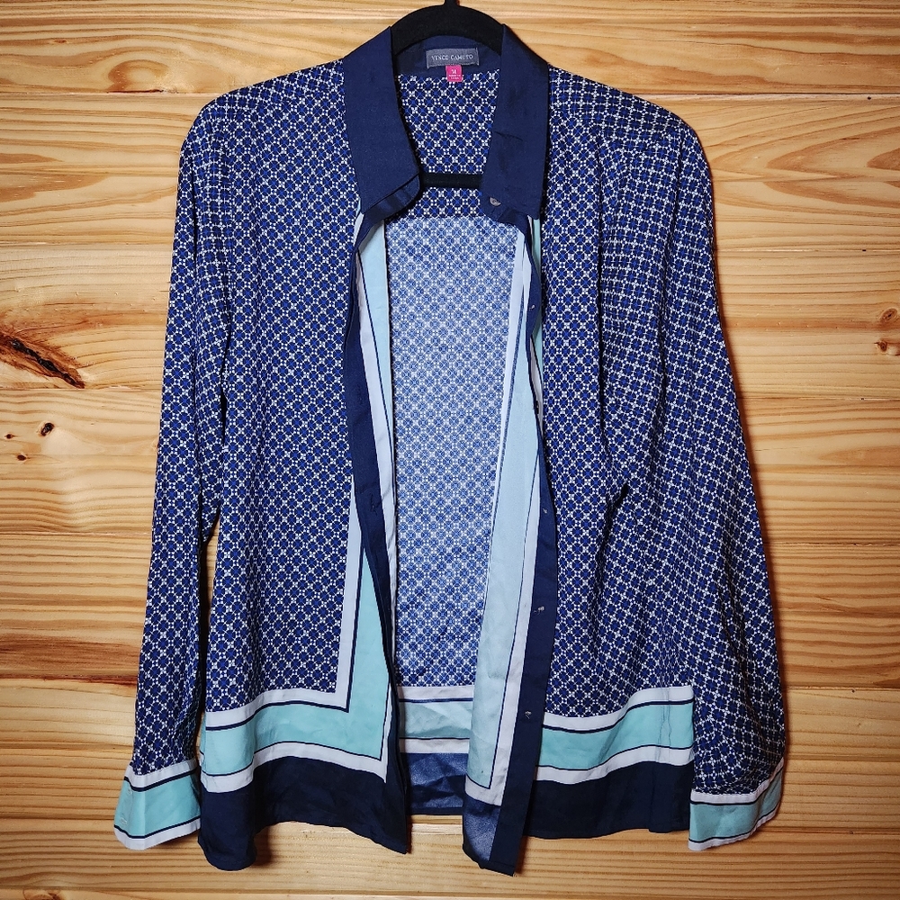 Vince Camuto Top | Navy Teal Geometric Button Down Blouse Silk-like Women's M